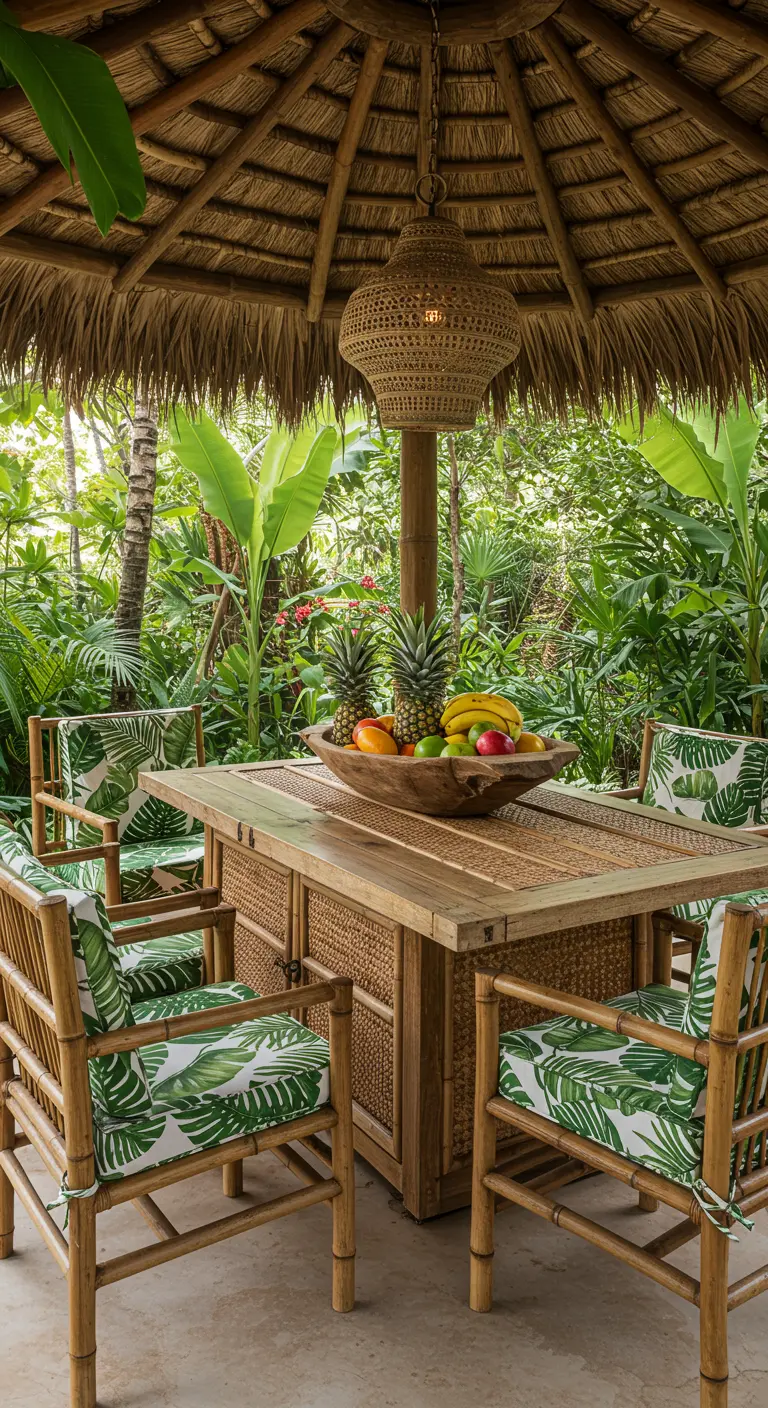 Tuintafel van een deur onder een rieten overkapping, omgeven door tropische planten en bamboestoelen.
