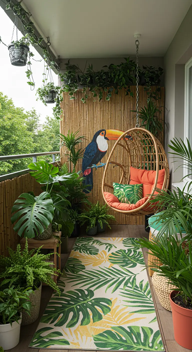 Balkon als urban jungle met hangstoel, bamboemat, veel planten en toekan-decoratie.