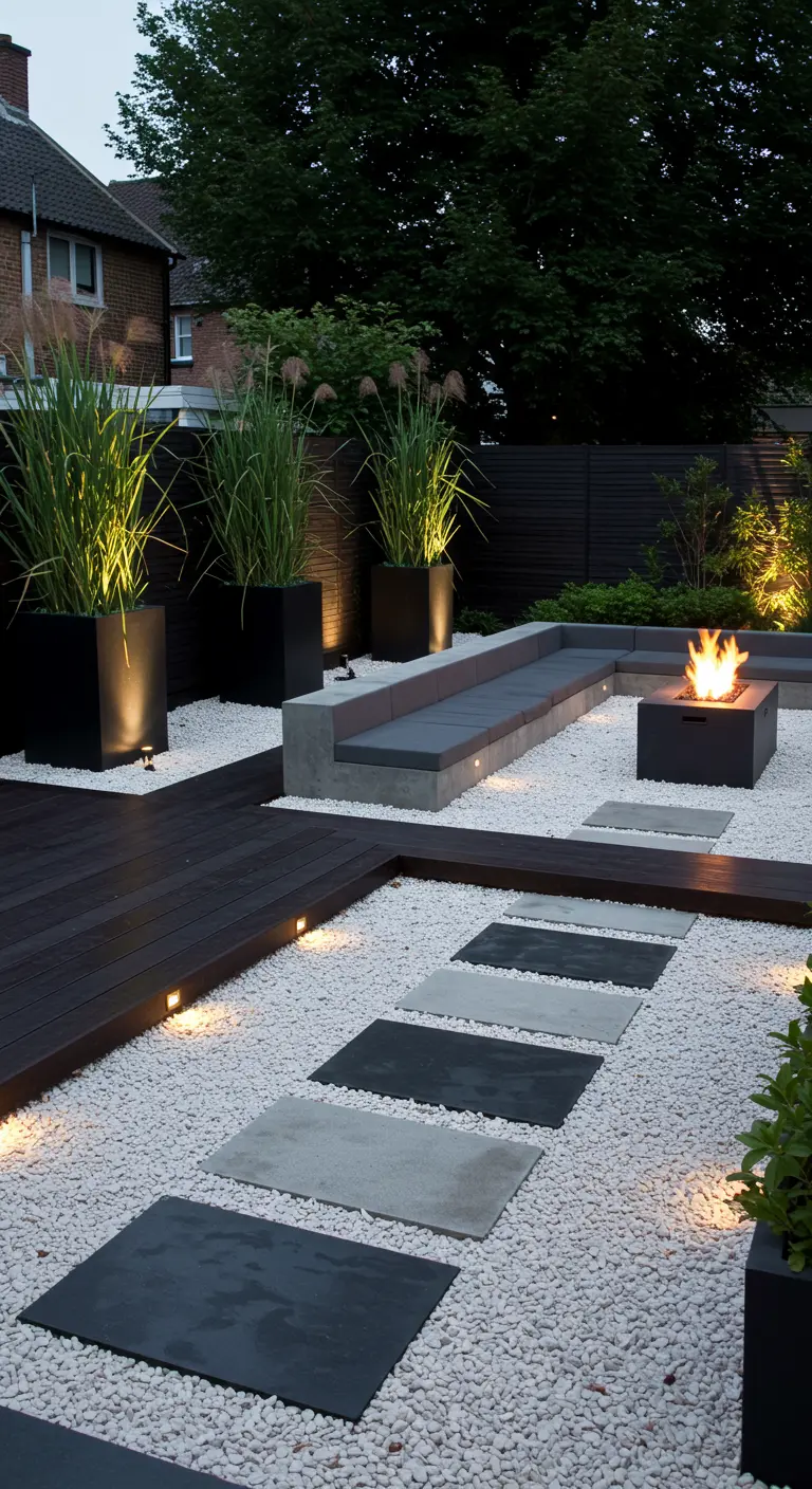 Moderne tuin met witte kiezels, vuurplaats en een betonnen loungebank.