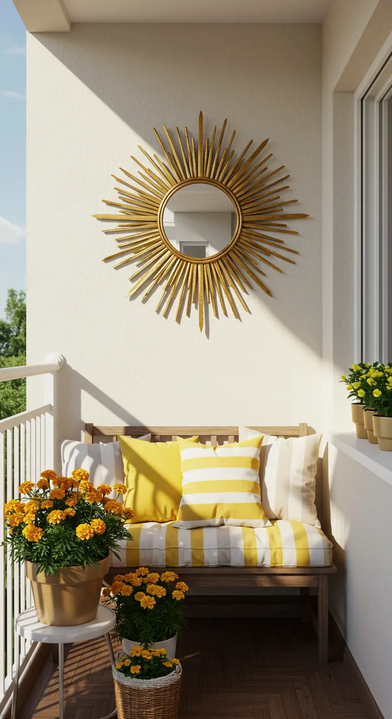 Gouden sunburst-spiegel boven een houten bankje met gele kussens en goudsbloemen.