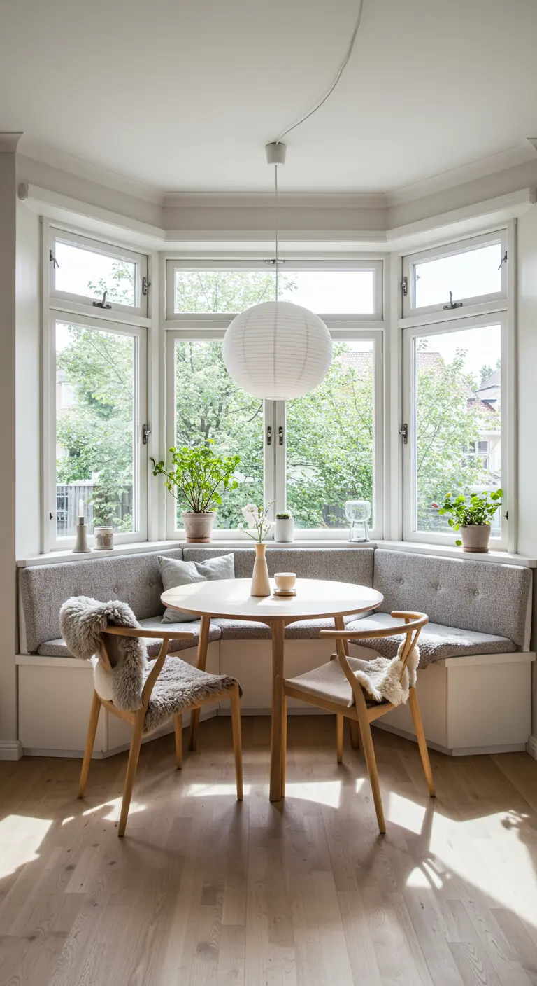 Lichte eethoek in erker met ingebouwde ronde bank, houten meubels en een papieren lamp.