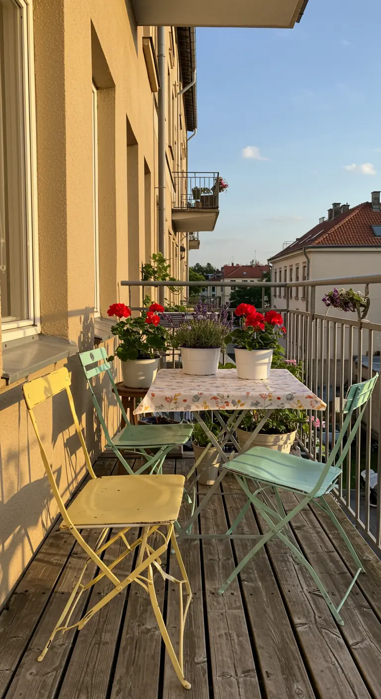 Balkon met houten vlonder, pastelgele en -groene klapstoelen en geraniums.