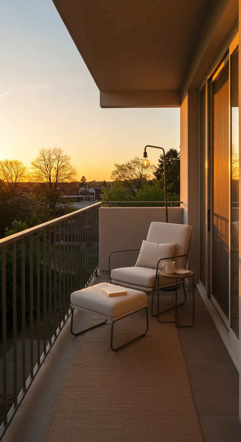 Balkon bij zonsondergang met een comfortabele stoel, een voetenbankje en een moderne staande lamp.