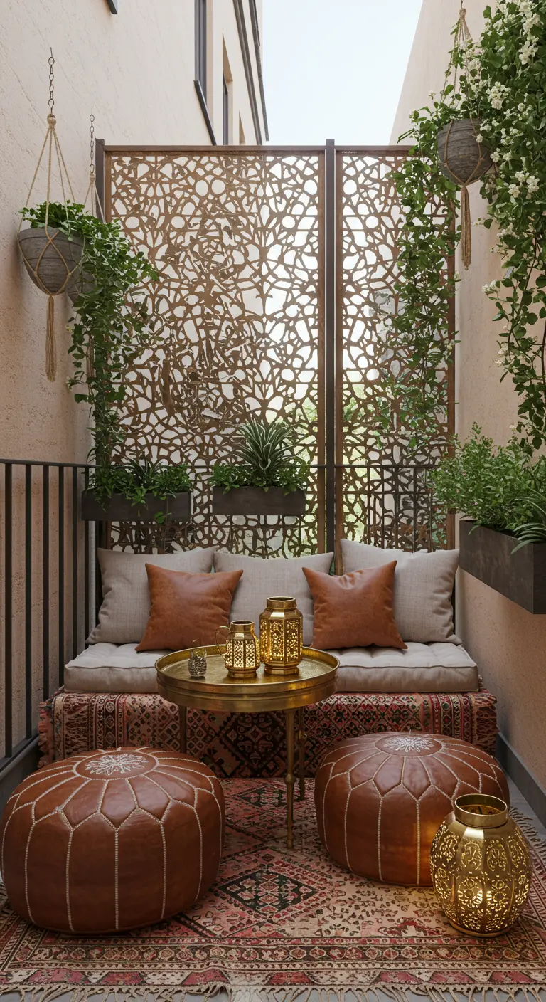 Smal balkon met houten privacyschermen, een laag bankje en Marokkaanse poefs en lantaarns.