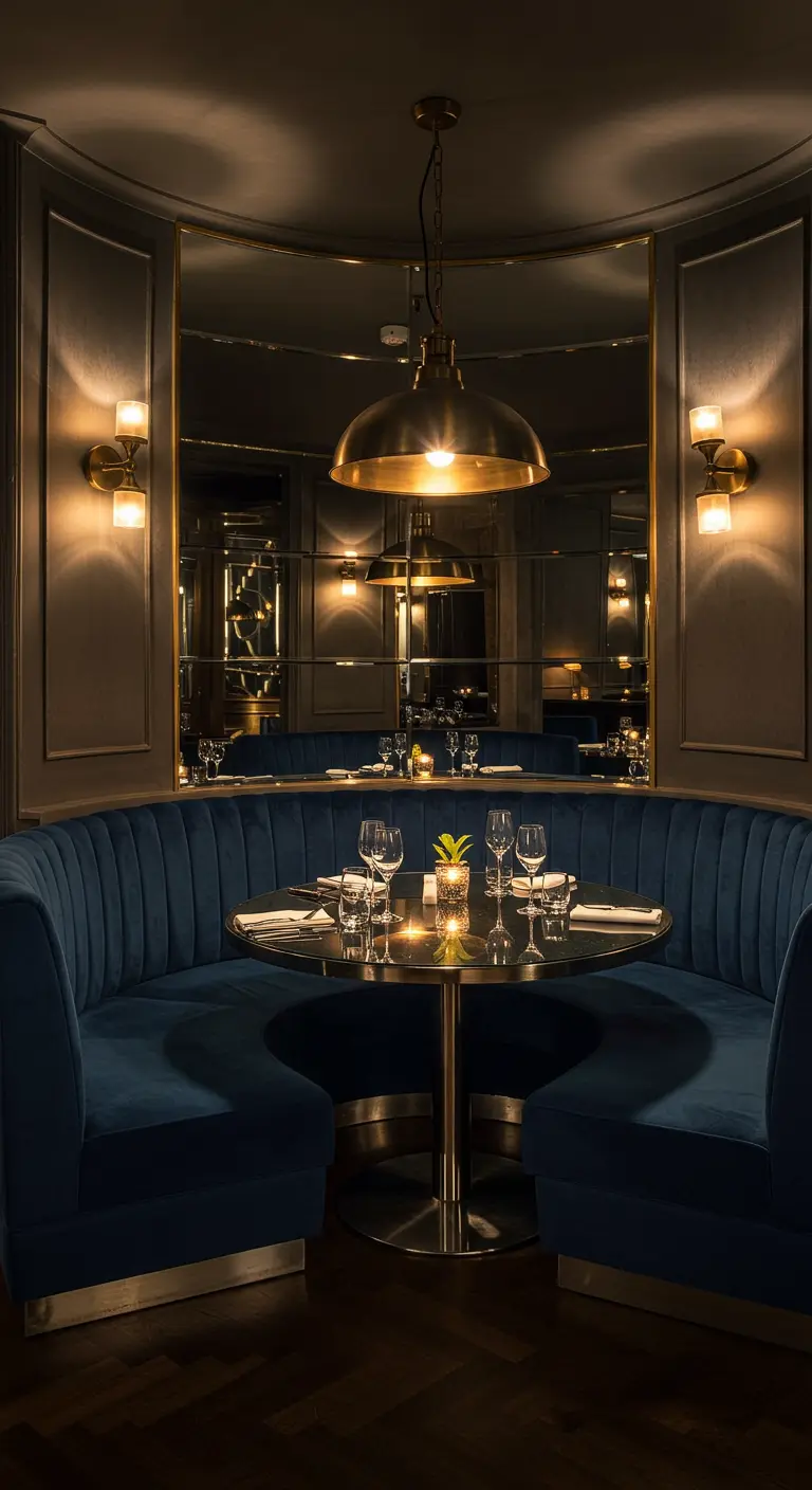 Donkere, luxe eethoek met een marineblauwe fluwelen bank, spiegels en messing lampen.