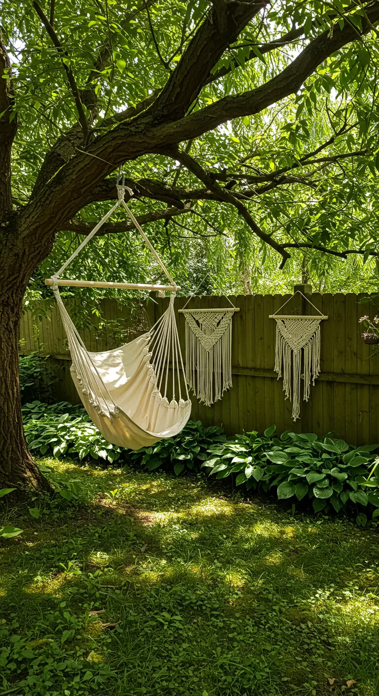 Crèmekleurige canvas hangstoel hangt aan een boomtak, met macramé wandhangers aan de schutting erachter.