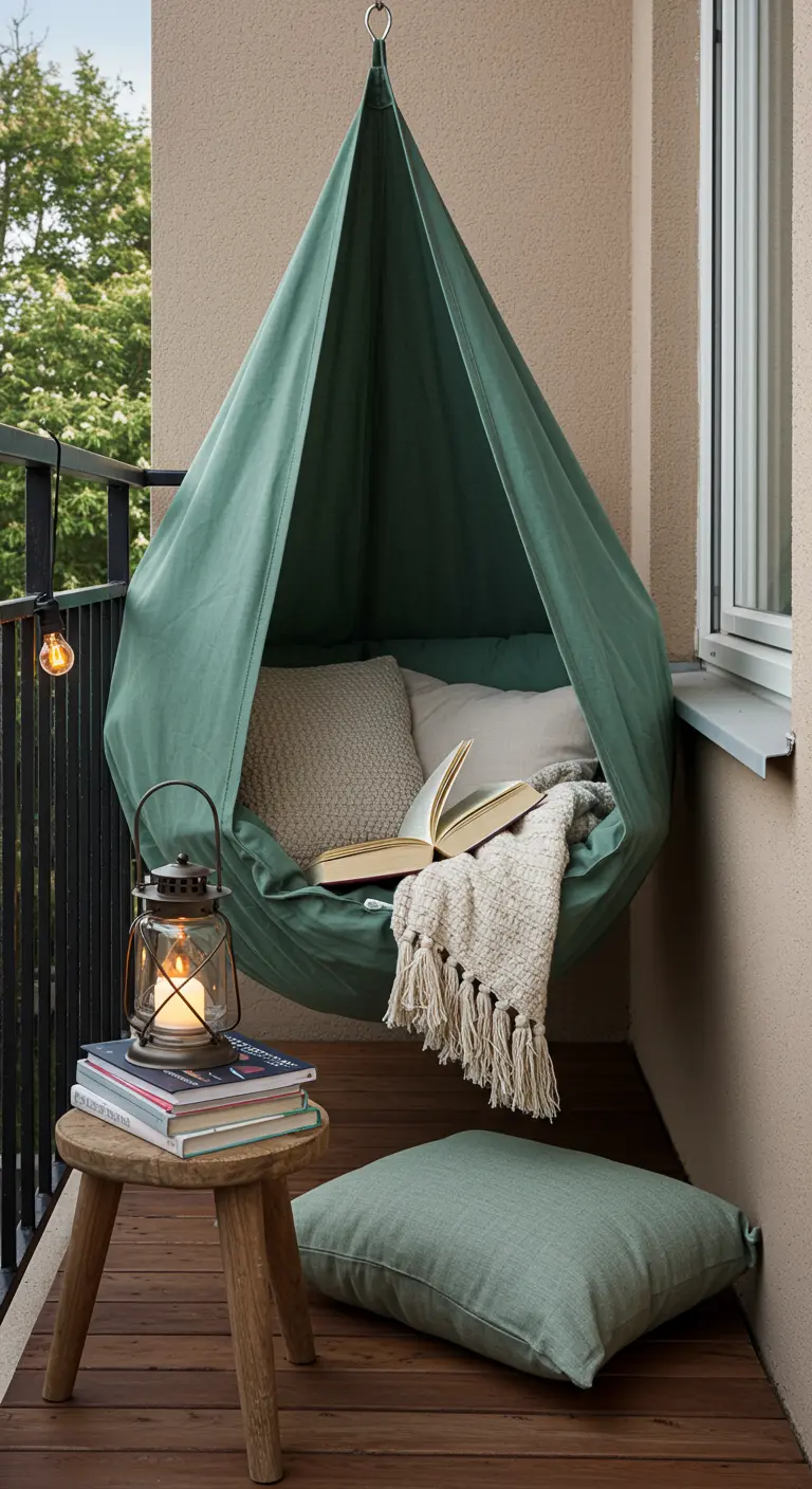 Groene hangtent op een klein balkon, gevuld met kussens en een plaid.