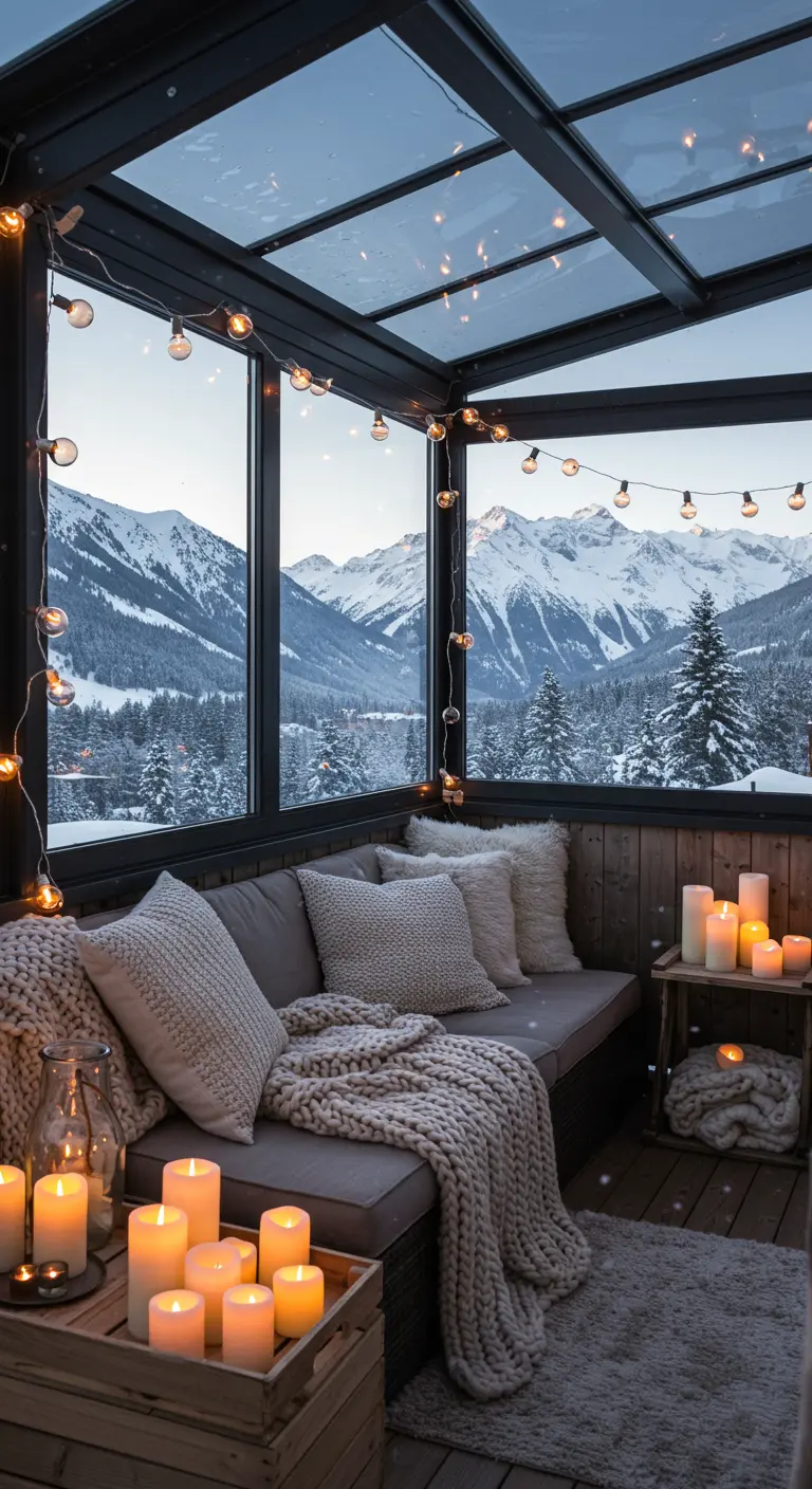 Gezellige, glazen serre met kussens, dekens, kaarsen en uitzicht op besneeuwde bergen.
