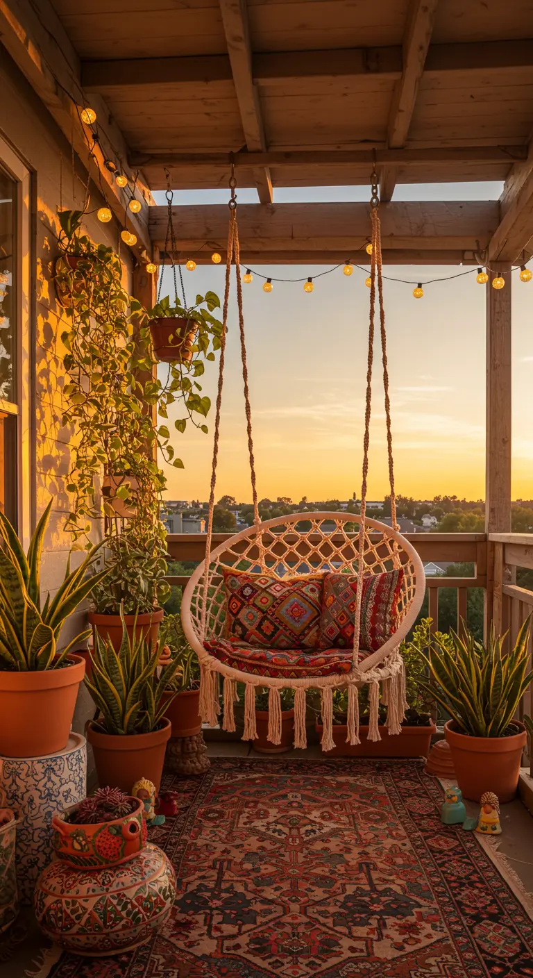 Bohemian hangstoel op een balkon vol planten tijdens zonsondergang, met een Perzisch tapijt en lichtslingers.