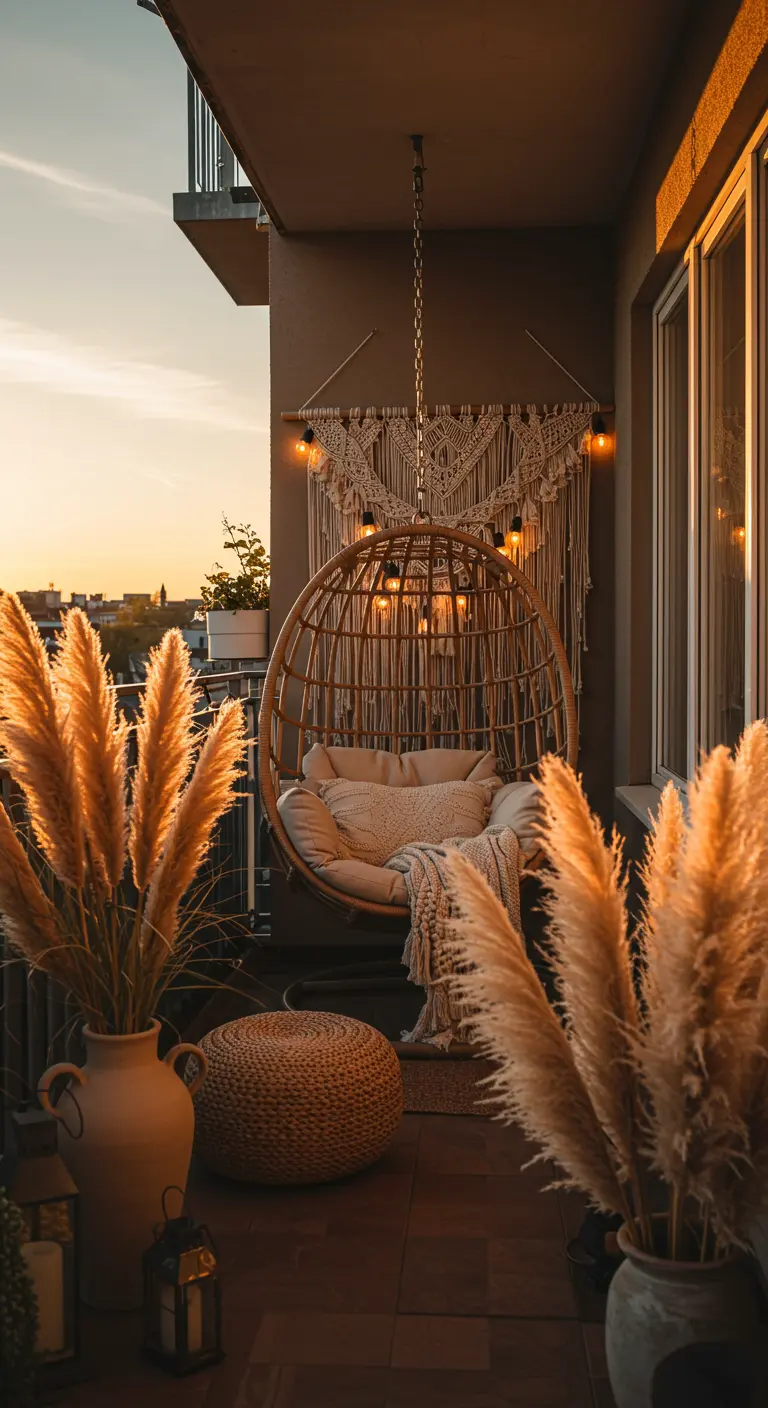 Boho balkon met rotan hangstoel, pampasgras en macramé bij zonsondergang.