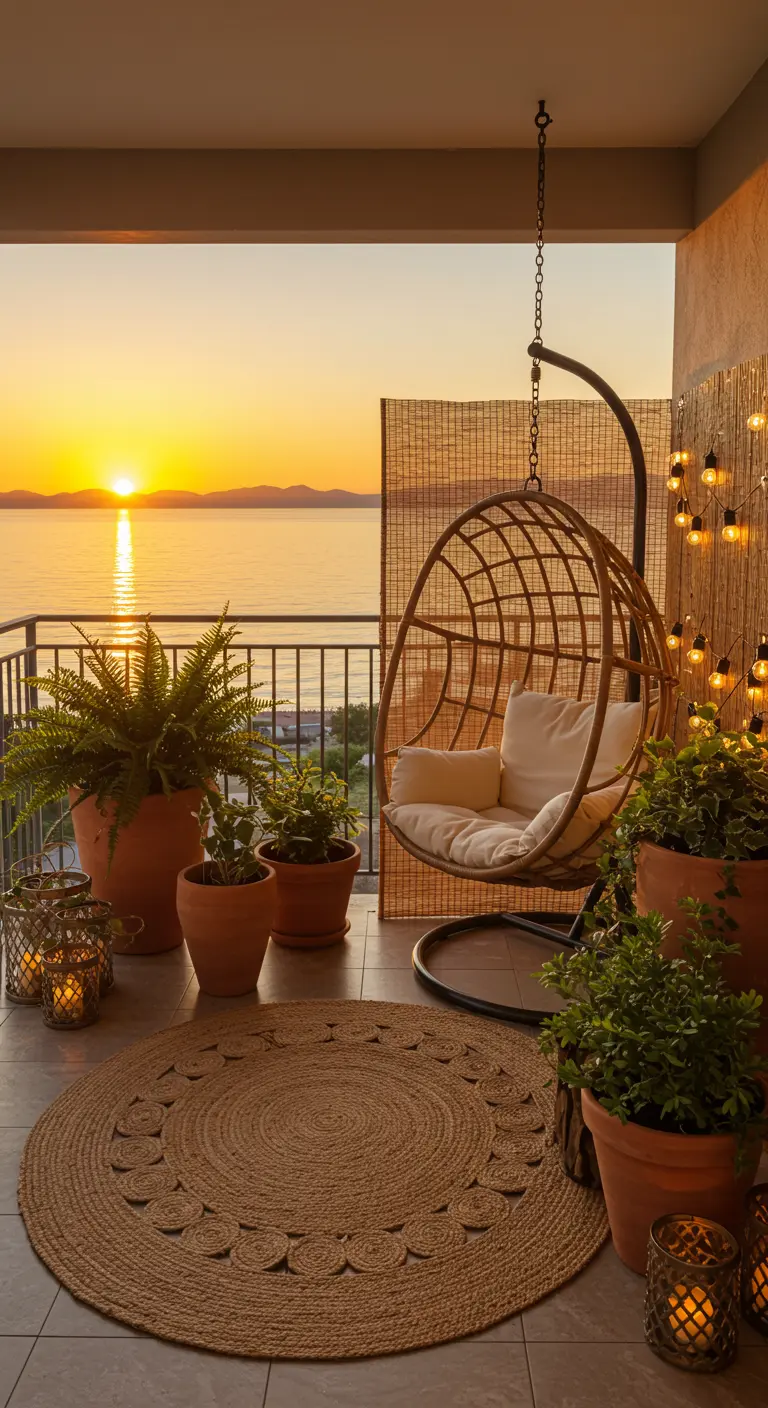 Balkon met rotan hangstoel, planten en lichtslinger bij zonsondergang over de zee.