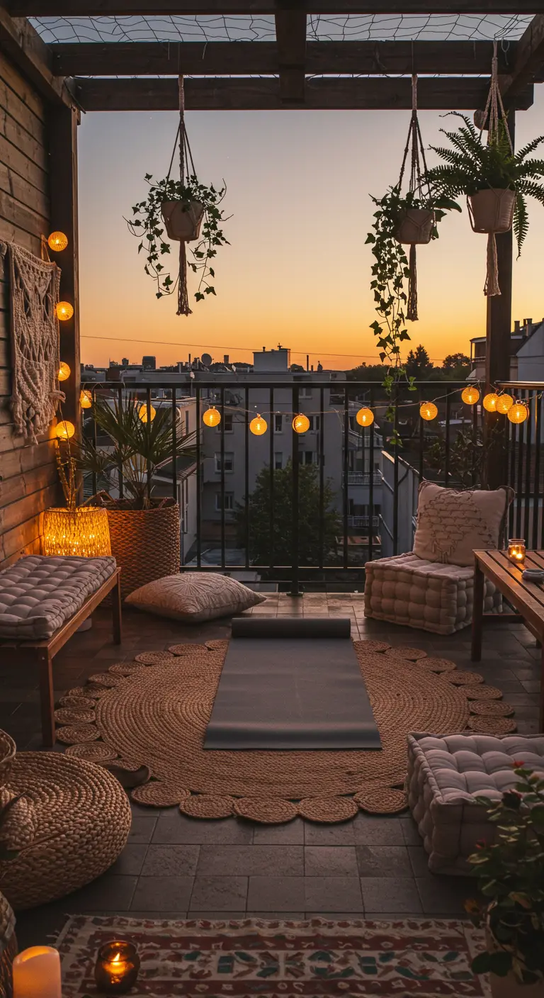 Bohemian balkon met yogamat, kussens, hangplanten en lichtslingers bij zonsondergang.