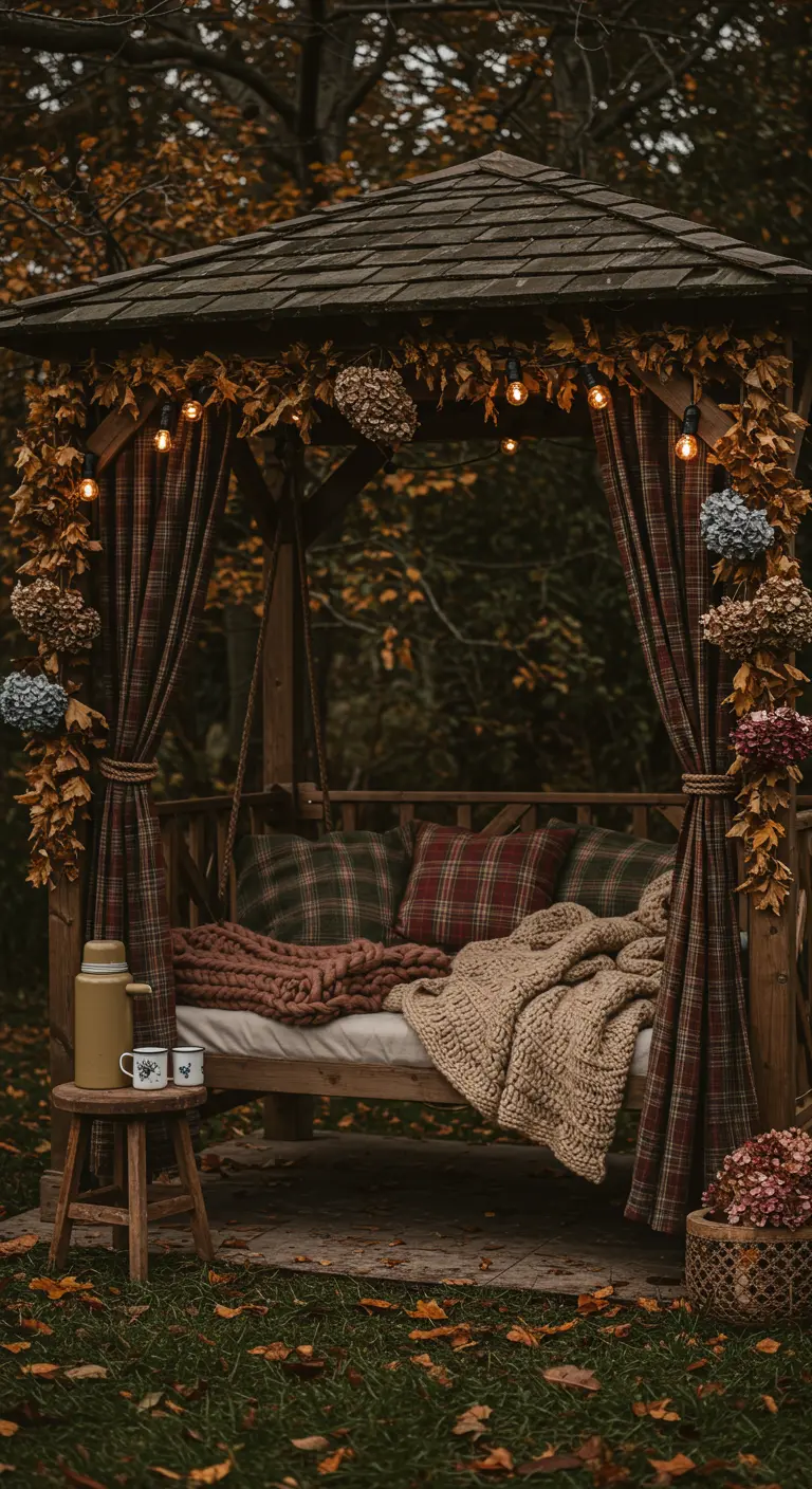 Houten overdekte schommel met geruite gordijnen, plaids en herfstdecoraties.