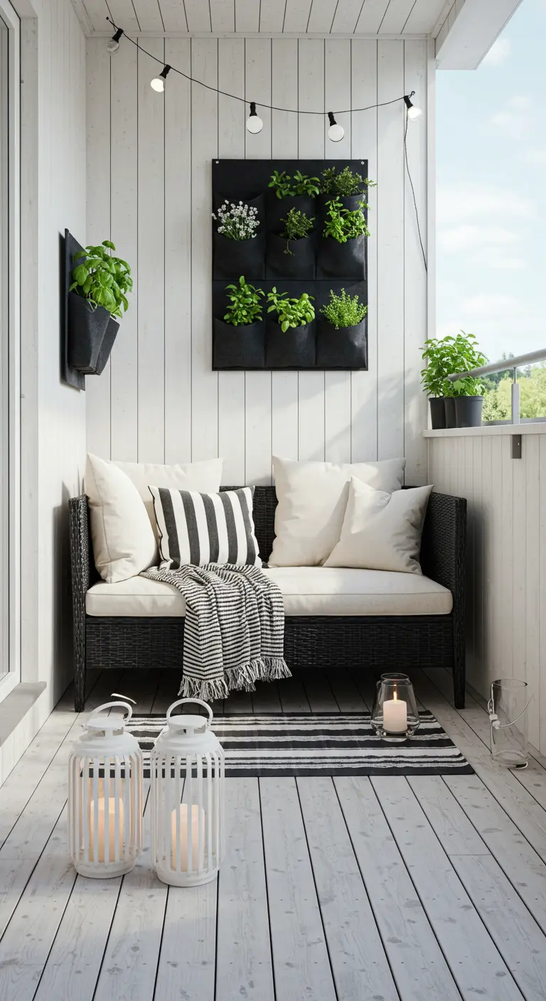 Knus balkon met witte houten wanden, zwarte bank en verticale kruidentuin.
