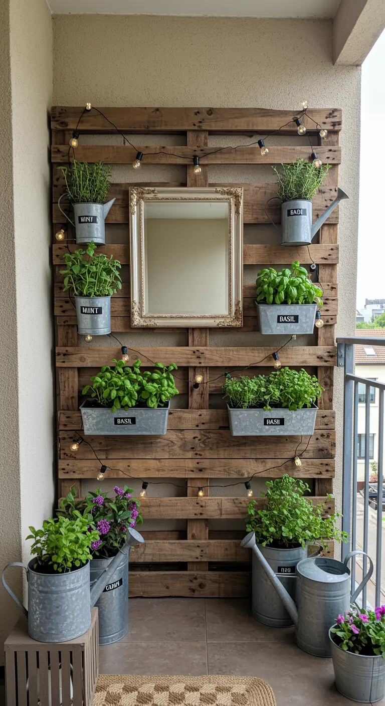 Houten pallet aan de muur met zinken potten vol kruiden en een spiegel.