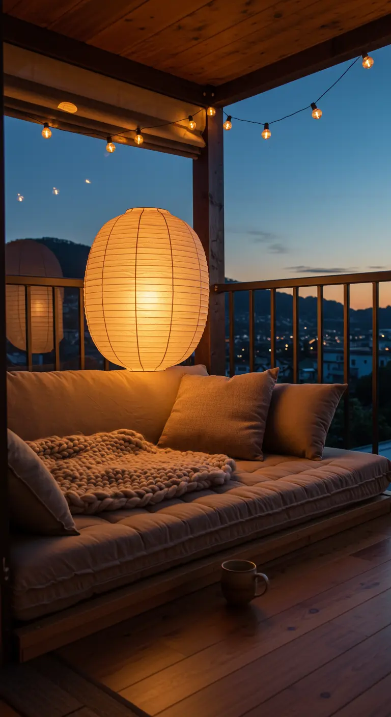 Knus balkon bij avondlicht met een grote lampion boven een daybed.
