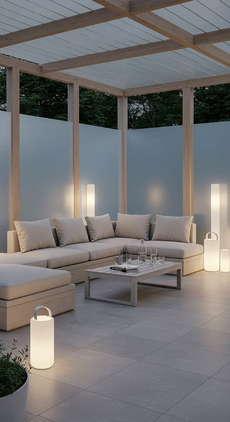 Moderne lounge onder een pergola met diverse draagbare, oplaadbare lantaarns op de grond.