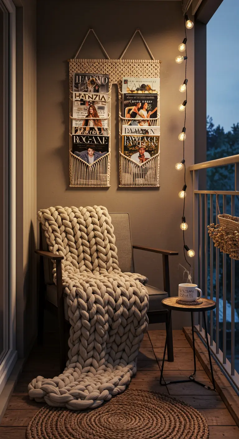 Knusse leeshoek op balkon met macramé tijdschriftenhouders en een grof gebreid plaid.