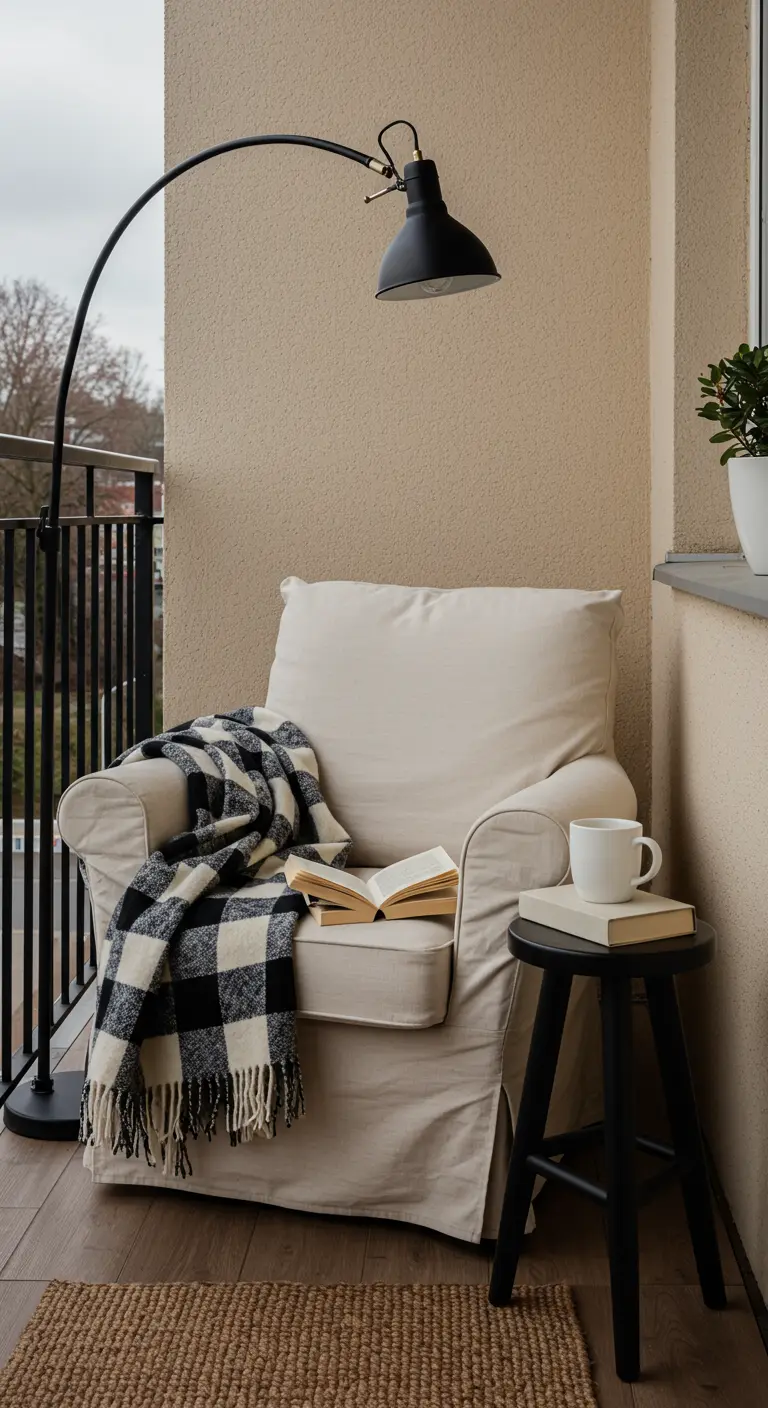 Leeshoek op balkon met een crèmekleurige fauteuil, een zwart-wit geruit plaid en een booglamp.
