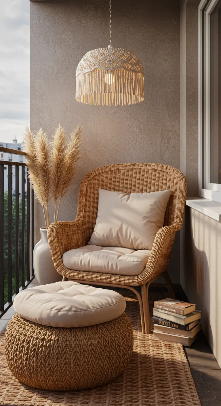 Leeshoek op balkon met een rotan fauteuil, voetenbank en een macramé lamp.
