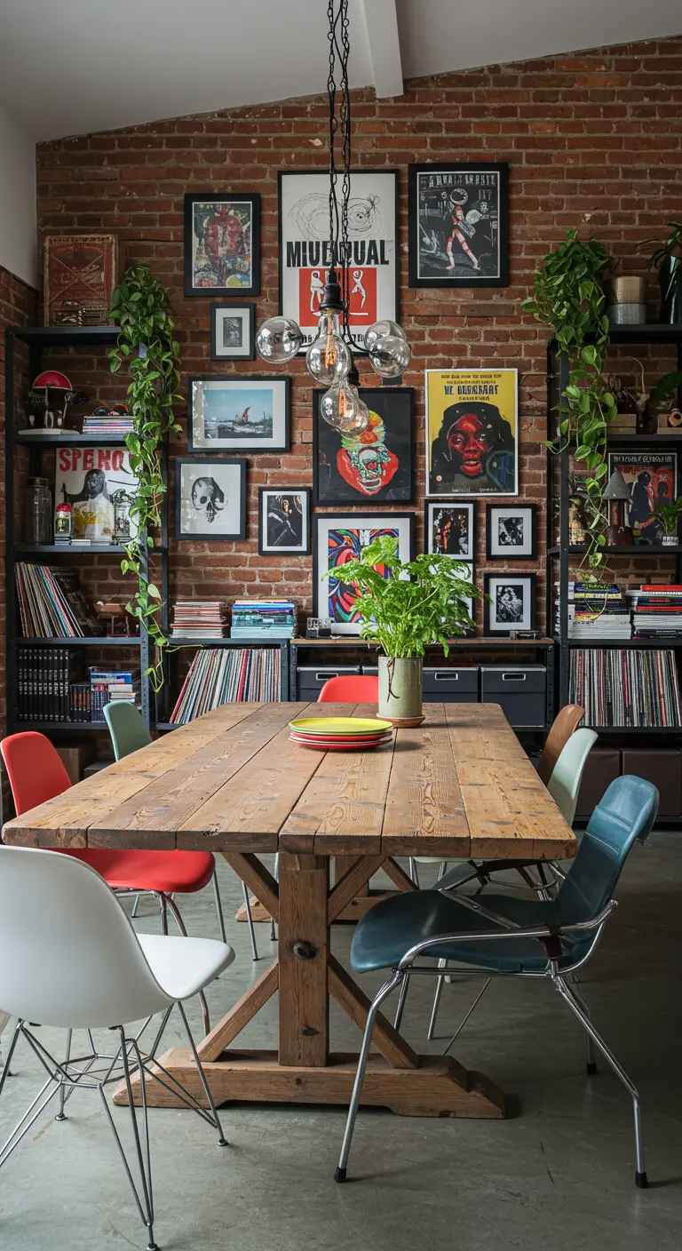 Industriële eethoek met bakstenen muur vol posters en kunst, en een mix van designstoelen.