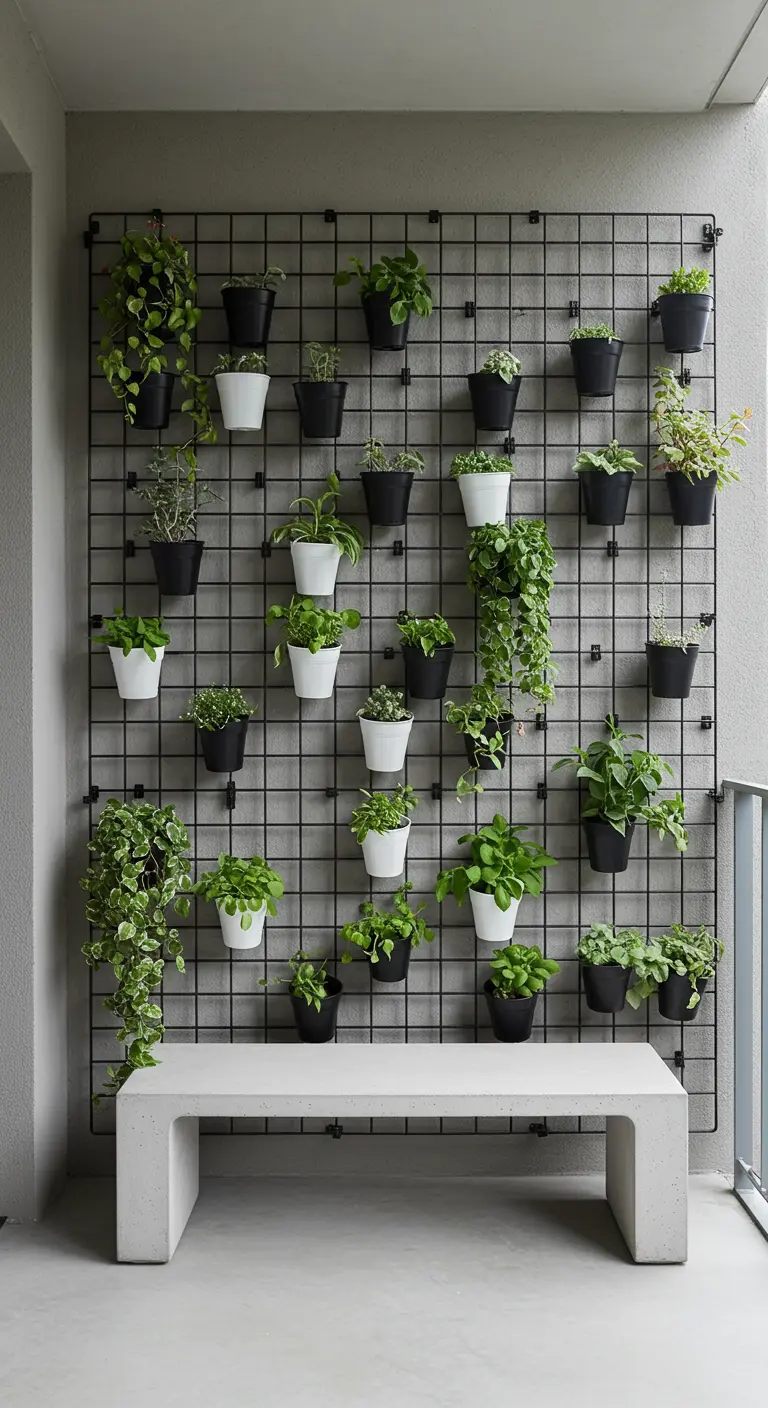 Zwart metalen rooster aan de muur met diverse hangplanten in witte en zwarte potjes.