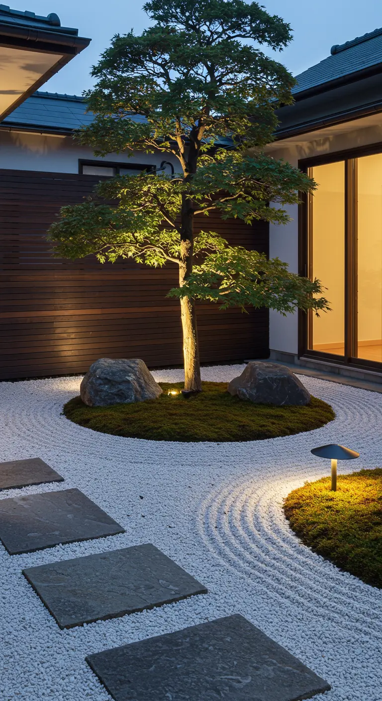 Japanse zentuin met een boom, geharkt wit grind, mos en stapstenen.