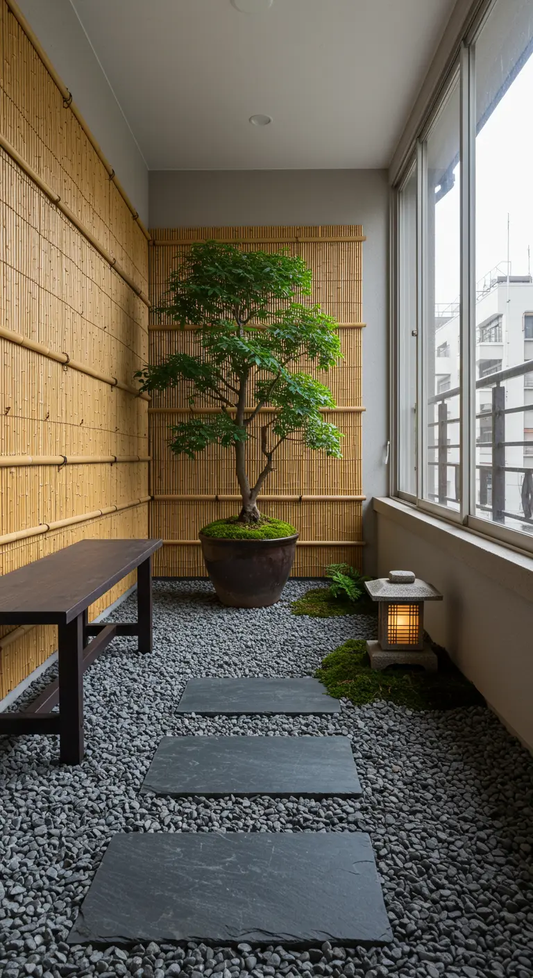 Japans zentuin-balkon met grijs grind, stapstenen, bamboewand en een grote bonsaiboom.