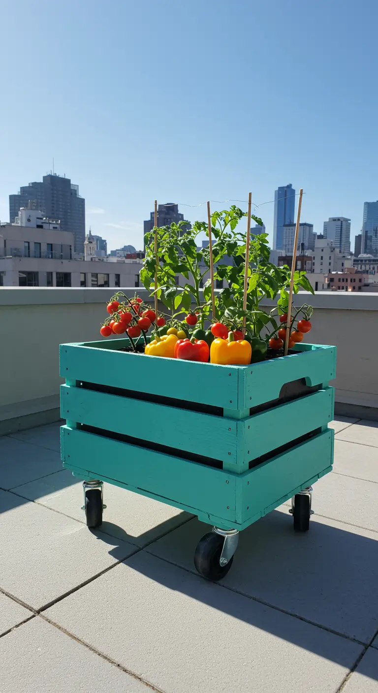 Turquoise houten kist op wieltjes met tomaten- en paprikaplanten op een dakterras.