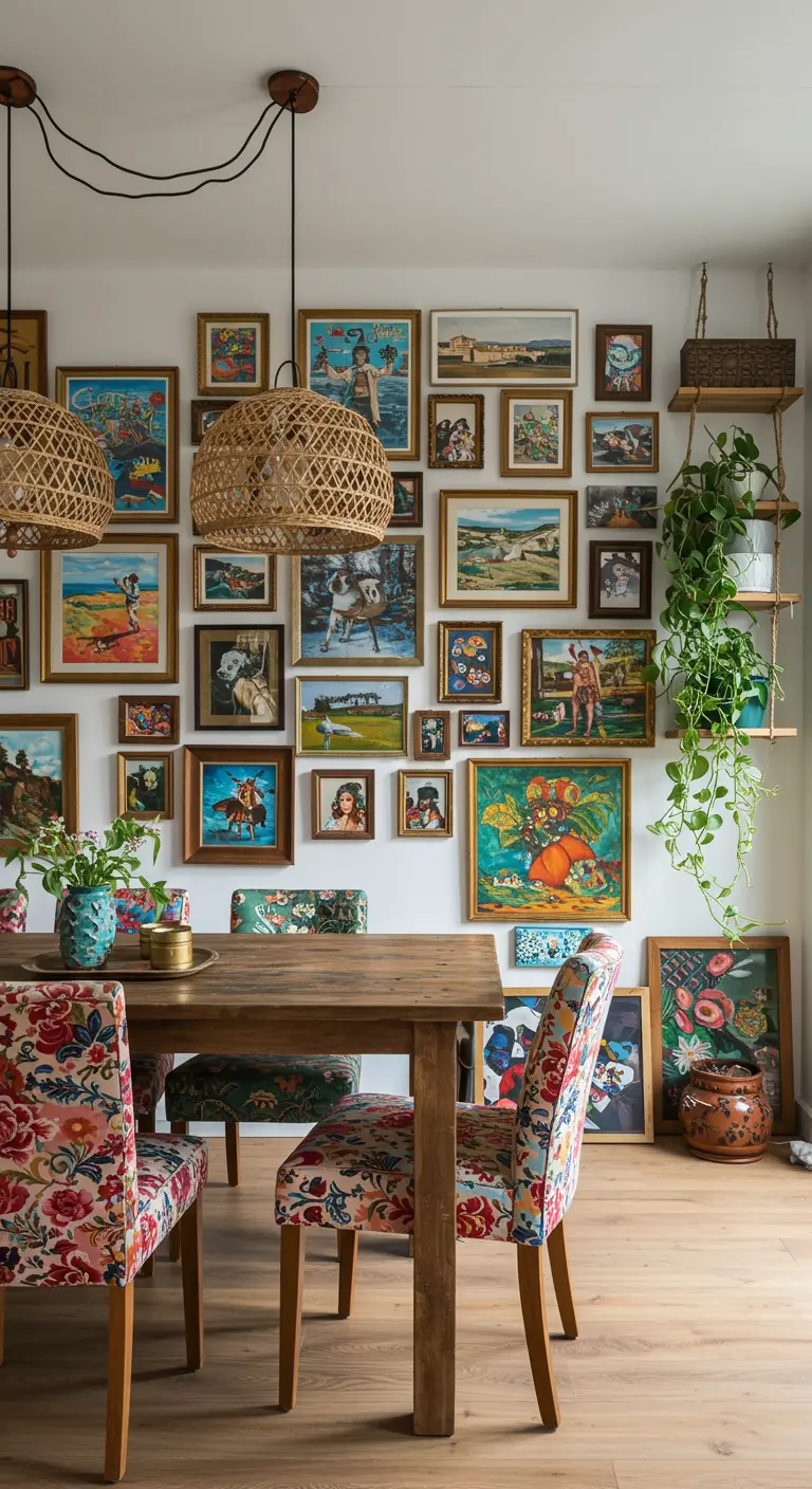 Eclectische eetkamer met een volle galerijmuur, rotan lampen en bonte stoelen.