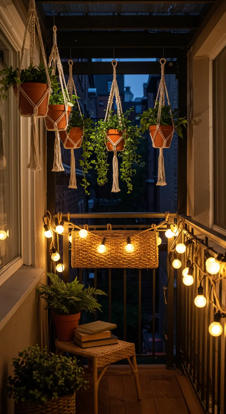 Sfeervol verlicht balkon 's nachts met macramé plantenhangers en een lichtsnoer.