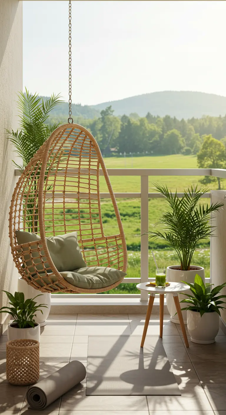 Rotan hangstoel met groene kussens op een balkon, met een yogamat op de grond en uitzicht op groen landschap.