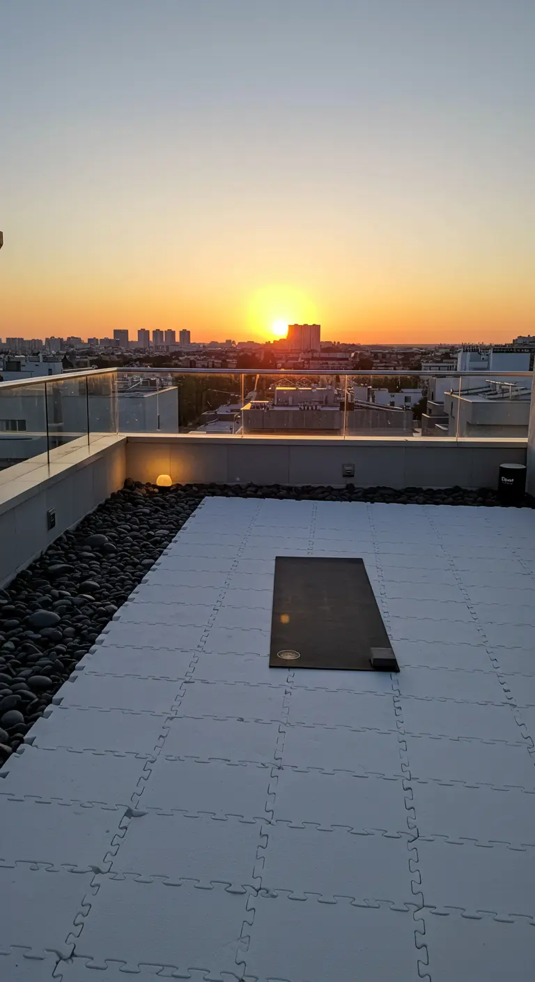 Dakterras bij zonsondergang met een zwarte yogamat op witte tegels en een rand van zwarte stenen.