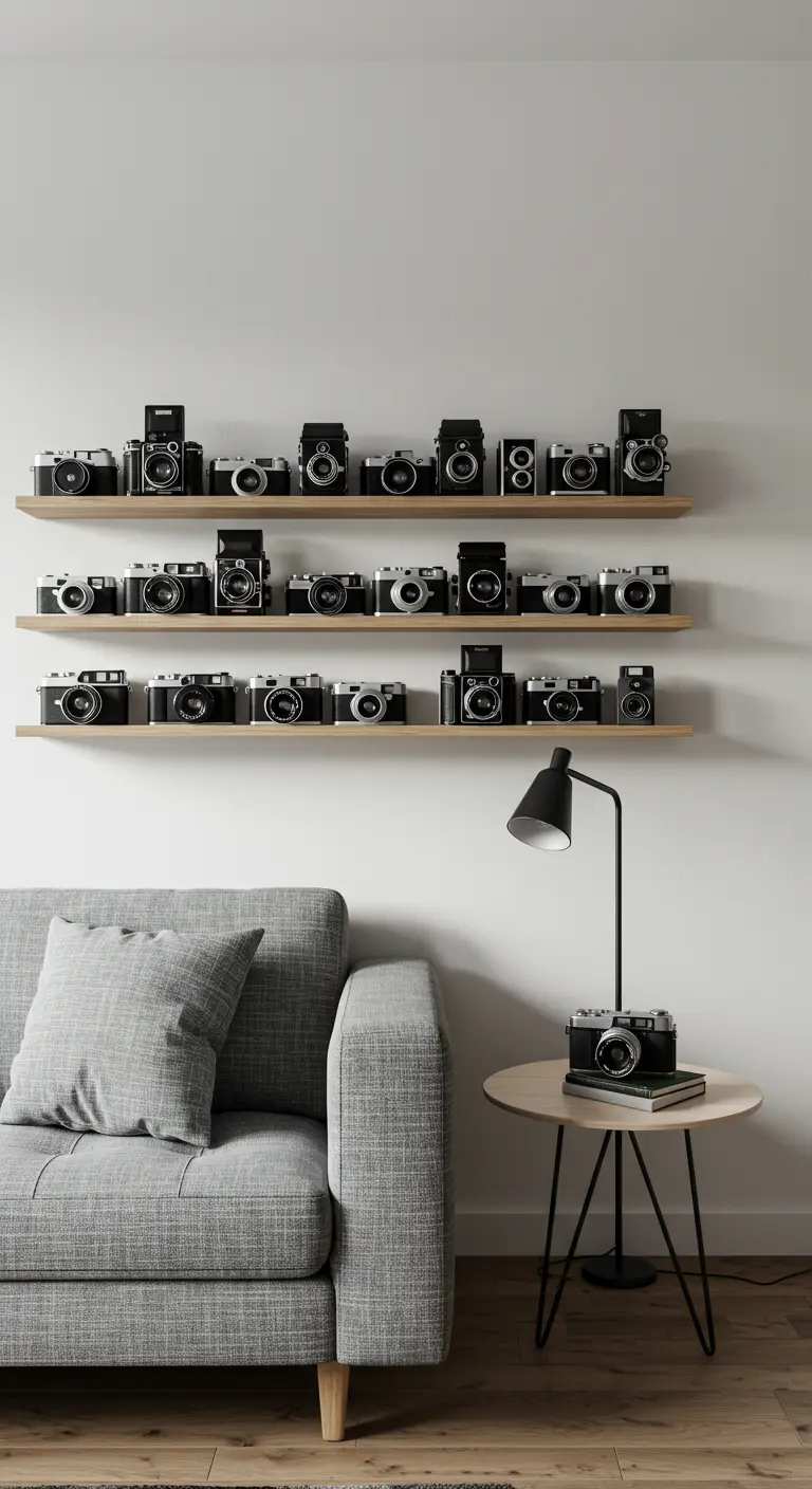 Drie wandplanken boven een grijze bank, vol met een collectie vintage fotocamera's.