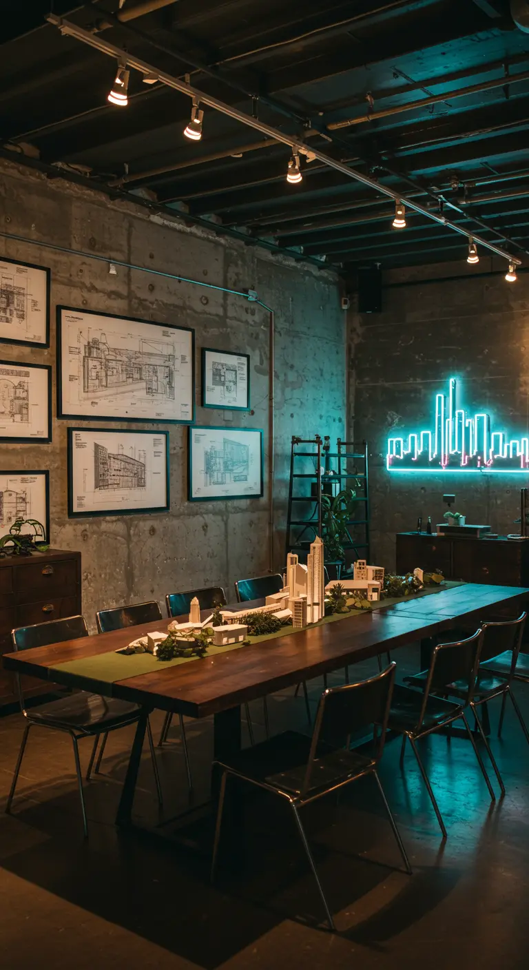 Industriële ruimte met lange houten tafel, ingericht met architectonische modellen en blauwdrukken.