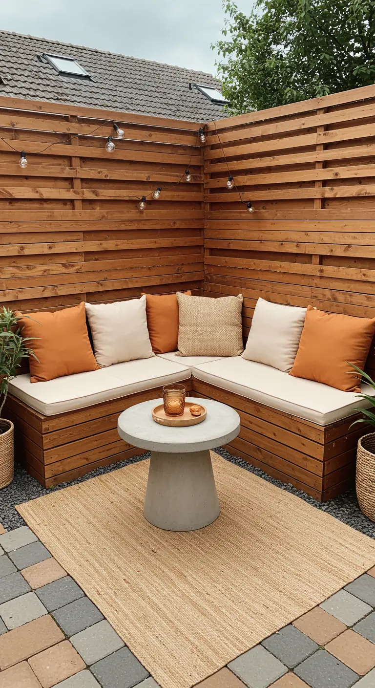 Zelfgemaakte houten hoekbank met lichte kussens, een betonnen tafel en een jute kleed.