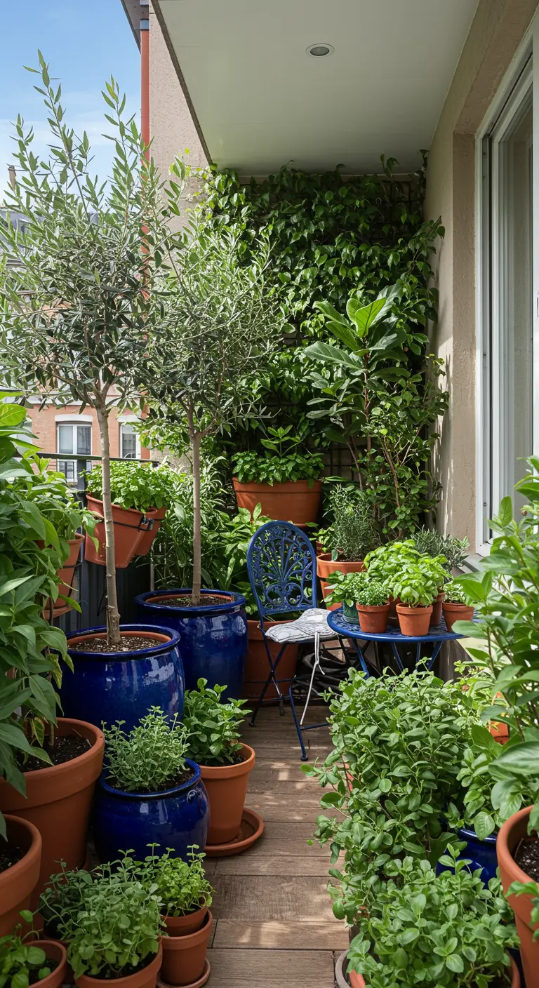 Weelderig groen balkon vol planten met een klein blauw zitje ertussen.