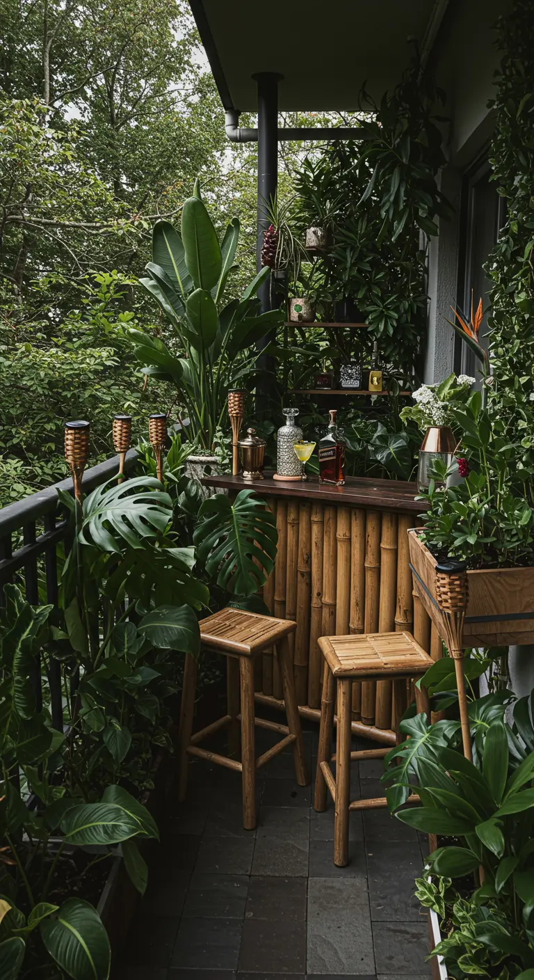 Bamboebar op een balkon omringd door weelderige groene planten zoals Monstera.