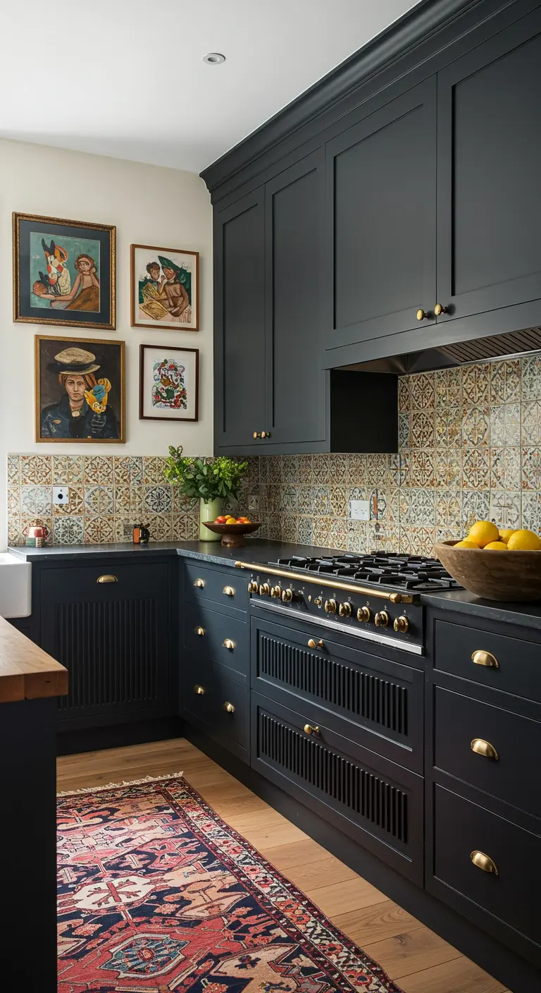 Zwarte keuken met een kleurrijke, gedessineerde tegelwand en diverse ingelijste schilderijen aan de muur.