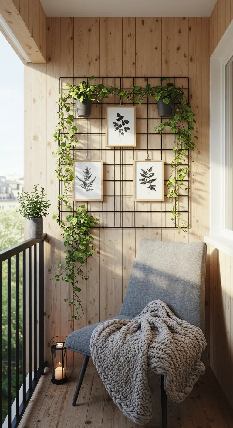 Metalen rek aan een houten wand met ingelijste varens en klimplanten.