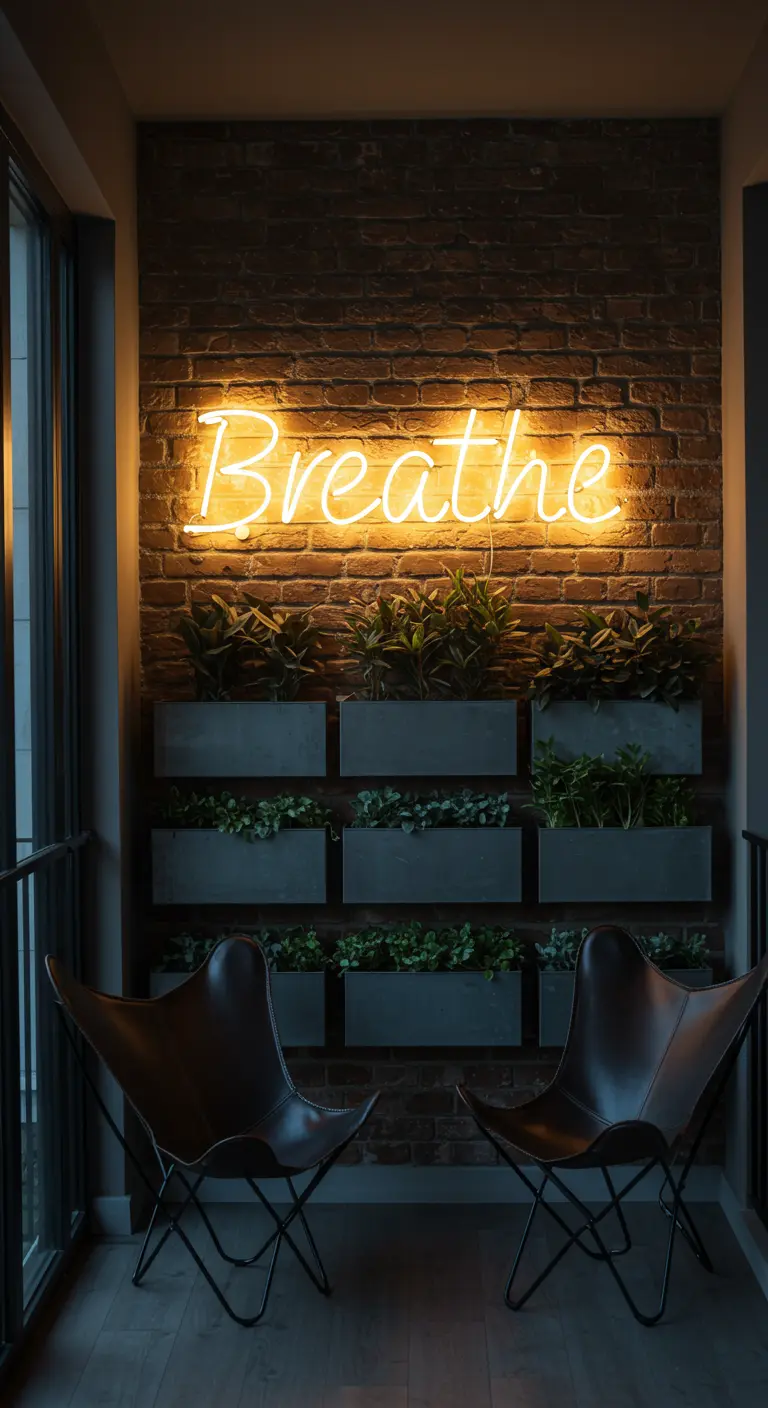 Bakstenen muur met een warm wit neonbord waarop 'Breathe' staat.