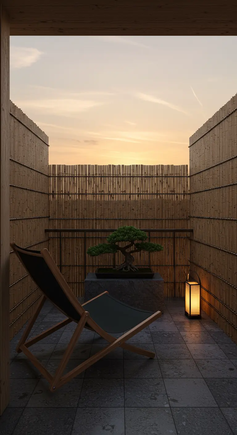Loungestoel op een Japans geïnspireerd balkon met bamboeschermen en een bonsaiboom.