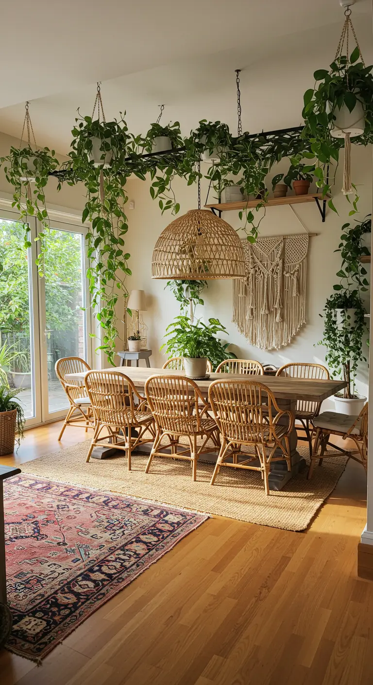 Lichte eetkamer met rotan stoelen en een plantenrek vol hangplanten boven de houten tafel.