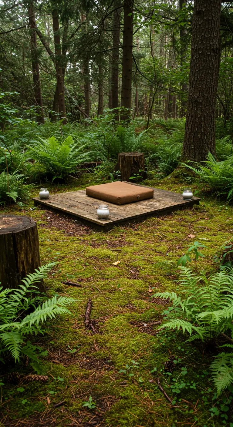 Houten platform met meditatiekussen en kaarsen, midden in een bosrijk gebied met mos en varens.