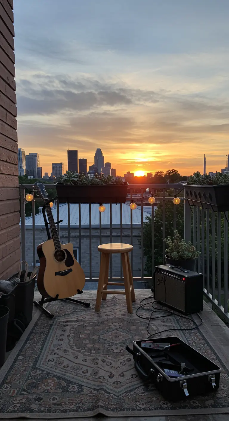 Balkon bij zonsondergang met een gitaar, versterker, krukje en een Perzisch tapijt.