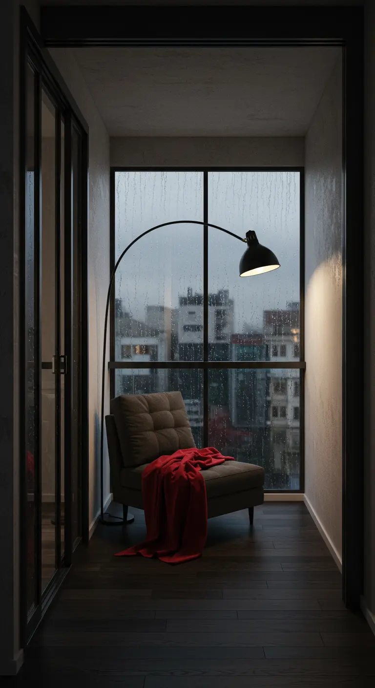 Smal, overdekt balkon met een chaise longue, een rode deken en een booglamp die de ruimte verlicht.