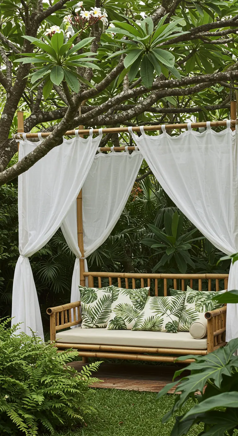 Bamboe daybed met witte gordijnen en kussens met bladprint, omgeven door tropische planten.