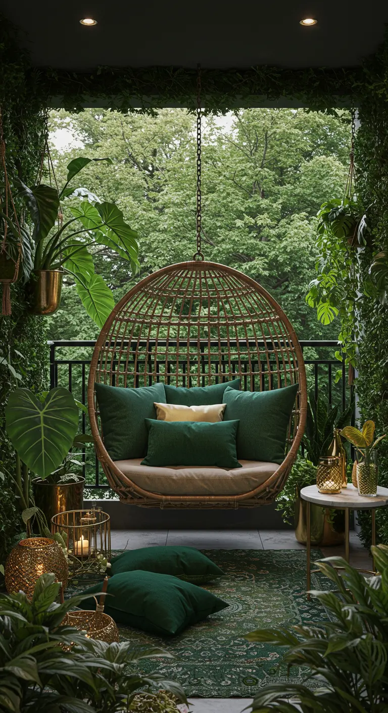 Grote rotan hangstoel op een balkon dat volledig is omgeven door een weelde aan groene planten.