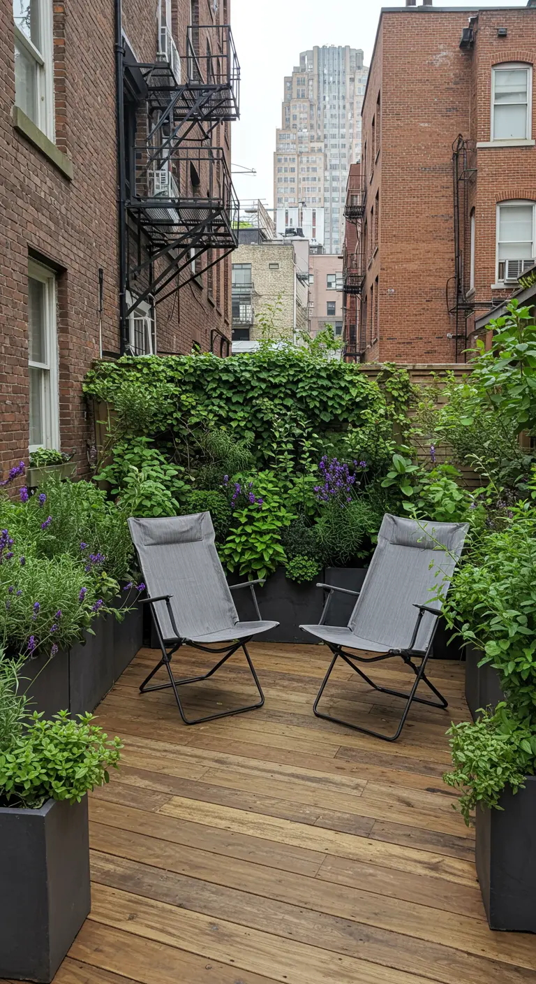 Beschutte stadstuin met comfortabele grijze loungestoelen tussen het groen.