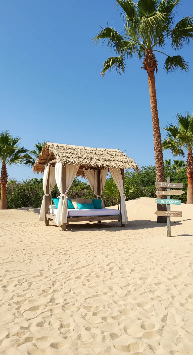 Houten cabana met wit dagbed en turquoise kussens op het strand, omringd door palmbomen.